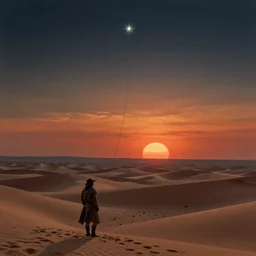 detailed by agostino arrivabene, ( the blood meridian, desert horizon with sun at dusk, the violent and forlorn western desert, a soul tethered to the polestar of night ), masterpiece 8 k resolution