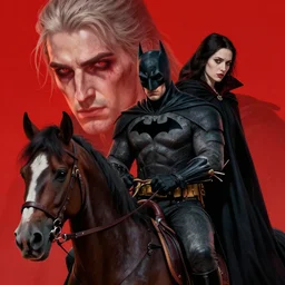 a ( witcher ) + batman riding horse together, batman at back, witcher riding, 4 k, highly detailed face, detailed eyes, depressed, vibrant, life changing, dramatic, cinematic lighting, digital art, ultra sharp, extreme details, sinful and petty by gerald brom and zadislaw beksinksi and giger