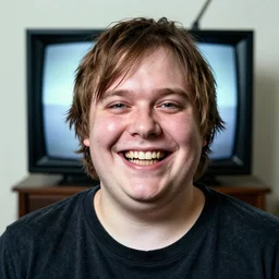 A portrait of special needs Logan Paul. Massive grin. Mad TV. cursed and haunted. double chin.