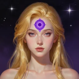 centered head and shoulders portrait of a beautiful gallent golden haired girl with open purple third eye chakra, geometric third eye, attractive sci - fi face, space background, breathtaking stars, elegant, highly detailed, digital painting, artstation, concept art, smooth, sharp focus, illustration, anime asthetic, art by artgerm and greg rutkowski and alphonse mucha