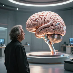 VFX movie of a man observing a futuristic ai brain in a clean room, by Emmanuel Lubezki