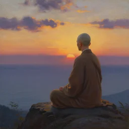 a stunning painting of a bald zen monk meditating on a seaside mountain overlook at sunset by thomas kinkade and john atkinson grimshaw, matte painting, moody palette