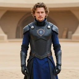 medium face shot of adult Austin Butler dressed in futuristic-baroque black-prussian blue garb with Griffin-Ram embroidery emblem, and nanocarbon-vest and greaves, standing in an arena in Dune 2021, XF IQ4, f/1.4, ISO 200, 1/160s, 8K, face in-frame