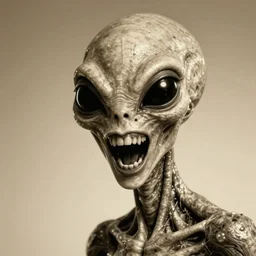 humanoid with crooked teeth, sepia tint, sepia tint, two shallow black eyes, long open black mouth, alien looking, big forehead, horrifying, killer, creepy, sepia tint, sepia tint _