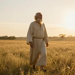old prophet wandering about a meadow. golden hour. warm lighting. beams of sunlight. iso 1 0 0