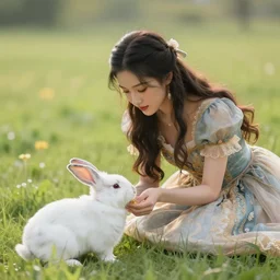 photo of an extremely beautiful woman in ornate gown feeding rabbits in an endless ethereal meadow, 4 k, hdr, smooth, sharp, focus, hyper realistic, high resolution, award - winning photo, bokeh, graflex camera, super resolution