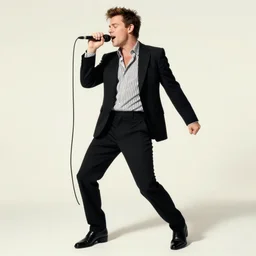 young Rick Astley performing Never Gonna Give You Up, singing into a microphone while dancing, black suit, striped shirt, light background, full color photograph, 4k