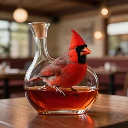 a photorealistic photograph of a red Cardinal bird swimming inside of an Armagnac decanter at a polo lounge Trending on Artstation, featured on Behance, well-rendered, Unreal Engine, 4K HD