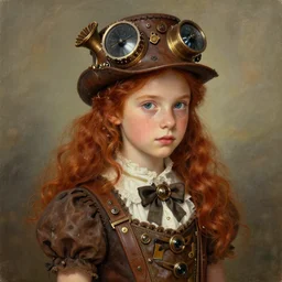 painting of a ten year old girl in steampunk fashion by lilia alvarado, steampunk, red hair, freckles