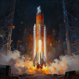 the last space launch. apocalyptic. cyberpunk. rocket. painting. digital art. high quality. high fidelity.
