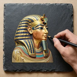 Soyjak Wojak inscribed on a slate being given to the King of Mesopotamia by a time traveller