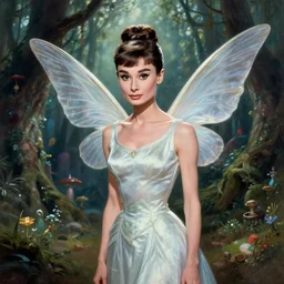 audrey hepburn as a winged fairy in a fantasy forest, various backgrounds, highly detailed, digital painting, artstation, matte, illustration, art by gaston bussiere, greg rutkowski