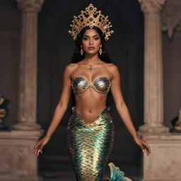 vintage portrait of modern mermaid queen, zoom, rule of thirds, atmosphere, intricate, regal, latinas, ( brown skin ), symmetrical!!, loreal, maybelline, sephora, loreal, artstation, art by lee man fong, moody, ( ( cinematic ) ) concept art, filmic, vsco