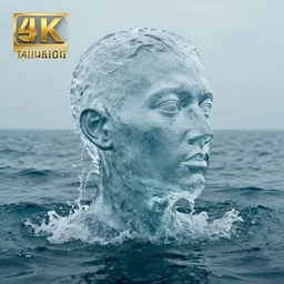 a sculpture made out of water in the shape of a human head, on the ocean water, water manipulation, cinematic, in the style of johnson tsang, long shot, hyper detailed, hyper realistic, ray tracing, 8 k resolution, sharp focus, realistic water, award winning