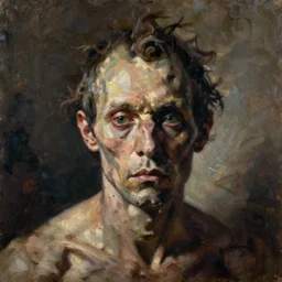 oil painting by christian rex van minnen of a chiaroscuro shaded portrait of an extremely bizarre disturbing mutated man with intense chiaroscuro lighting perfect composition very detailed masterpiece