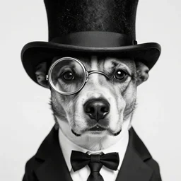 closeup portrait of a dog wearing a suit and a top hat and a monocle on an eye, digital art, black and white