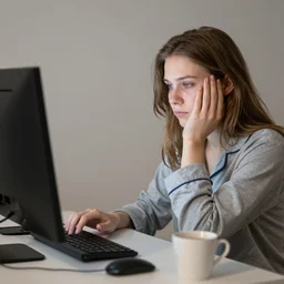 finnish girl in pyjamas working on computer, tired bags around eyes, photograph 8 k flikr