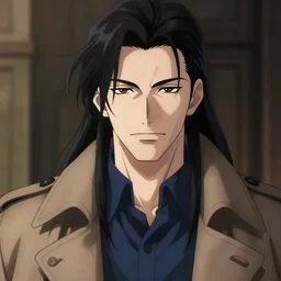 anime style portrait illustration, handsome male vampire, focus on face, pretty, cinematic lighting, painterly, long black hair, dark blue shirt and light brown trenchcoat