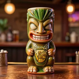 a photorealistic photograph of a Trader Vic's tiki mug featuring joyful Johnny Depp at a Tiki bar - Trending on Artstation, featured on Behance, well-rendered, Unreal Engine, 4K HD