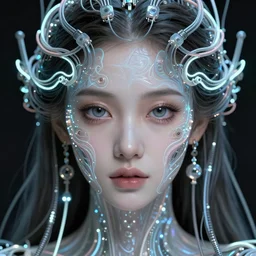 very beautiful woman, big radiant open eyes, full face frontal centered, portrait, abundent detailed intricate symmetrical ornate neon cables connected to head, clear lips, luxurious rich long hair, sophisticated abundent wiring and implants, translucent, porcelain, fractal, sci - fi, dramatic lighting, photography, highly detailed, trending on artstation, deviantart, 8 k, by chie yoshii