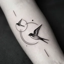 a beautiful tattoo design of minimalist swallows flying into spherical lines and simple basic shapes, black ink, line art