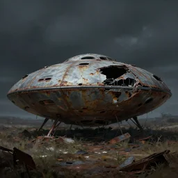 crashed old rusty forgotten ufo, concept art, art station landscape, greg rutkowski, cinematic lighting hyper realistic painting, dark atmosphere