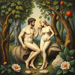 a surrealist painting of adam and eve in the beautiful garden of eden, by pablo picasso, amazing detail, smooth, elegant, intricate, high quality