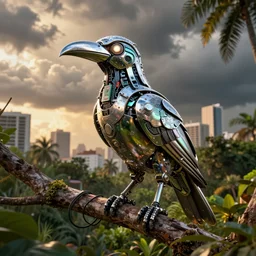 robotic scifi tropical bird with chrome beak and metal wings and glowing eye perched on a tree branch, lush city park, golden hour, intense storm clouds, city background, electronics circuit board and wires, panels and rivets, iridescent, grunge and dirt, sharp details, octane render, artstation