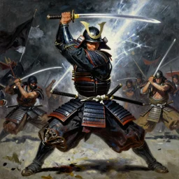 A full portrait oil painting of a helmeted and masked Samurai holding a katana above his head an running into battle, japanese god of war armor, by Frank Frazetta, Greg Rutkowski, Boris Vallejo, epic fantasy character art, Exquisite detail, post-processing, low angle, masterpiece, cinematic, lightning