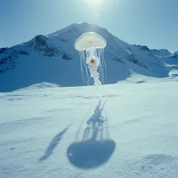 the first snow on a young earth, majestic landscape, long shadows, white jellyfish with an eye, still frame from the voyage of time movie by terrence malick with cinematogrophy of emmanuel lubezki with art direction of giger, arri alexa, ultra wide anamorphic lens, optical flares, 8 k