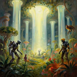 lush garden of eden dramatic perspective organic 3 d fractal vapourware colours a minimalist cinematic scifi with giant bright translucent bioluminescent microscopy, gigantic pillars, maschinen krieger, beeple, the matrix, star wars, ilm, star citizen, mass effect, oil painting by donato giancola, chris foss, warm coloured, artstation, atmospheric perspective