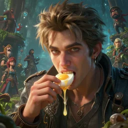 highly detailed portrait of smash mouth eating eggs, unreal engine, fantasy art by greg rutkowski, loish, rhads, makoto shinkai and lois van baarle, ilya kuvshinov, rossdraws, tom bagshaw, global illumination, radiant light, detailed and intricate environment