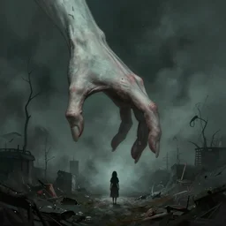 an immense pale hand and arm rising up from the ground towards a tiny human. creepy horror fantasy art by greg rutkowski and magali villanueve