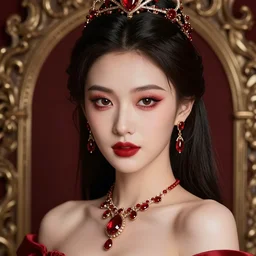 wonderful princess with smooth fair skin, alluring eyes, red eyeshadow, red jewelry, breathtaking, elegant, intricate, ornate backdrop, hyper detailed, accent lighting, 4 k photography, octane render
