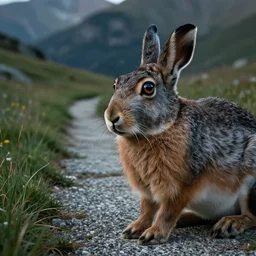 closeup of a hare granite and grass mountain path in avila mountains, 4 k, concept art, by wlop, ilya kuvshinov, artgerm, krenz cushart, greg rutkowski, pixiv. cinematic dramatic atmosphere, sharp focus, volumetric lighting, cinematic lighting, studio quality, detailed hare. hair and fur. eyes reflections