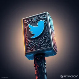 mjolnir with twitter logo, illustration, epic, intricate, hyper detailed, artstation, concept art, smooth, sharp focus, ray tracing, vibrant, photorealistic, award - winning, 4 k, hdr, simon bisley,