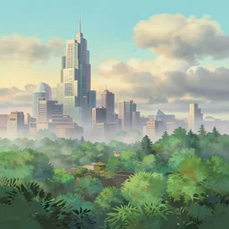 futuristic city, lush vegetation, humid, early evening, diagonal view, geometric buildings, cloudy, beautiful, dull pastel colors, realistic, foggy, dreamy, nostalgic, bright, studio ghibli style