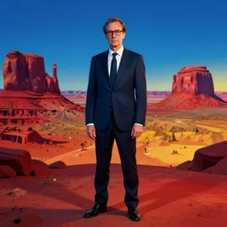 ultra realistic portrait ofa man in suit in a studio, ultra detailed, under blue, red and yellow cinematic lighting, escher, cartoon, monument valley, salvador dali