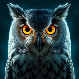 portrait of a gray owl attacking, by eraldo carugati, bright golden eyes in the night, blue night lighting, symmetric, album cover art, highly detailed, digital painting, artstation, sharp focus, cinematic lighting, illustration, art by artgerm and greg rutkowski, alphonse mucha, cgsociety