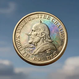 a huge dollar coin floating in the sky, sense of awe, breathtaking, highly detailed, 4 k, iridescent, beautiful design, art by greg rutkowski, peter mohrbacher, james gurney, syd mead