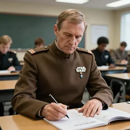 an imperial agent from star wars, wearing grand moff tarkin uniform, sitting in the back of a college class, writing rigorous notes on the upcoming midterm test