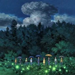 illustration of a rainy giant forest with luminescent flowers at night with cummulonimbus clouds by makoto shinkai, by moebius!!, by oliver vernon, by joseph moncada, by damon soule, by manabu ikeda, by kyle hotz, by dan mumford, by kilian eng, by nico delort