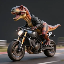 a velociraptor, with a black jacket, driving a motorbike, photorealistic 3 d octane render, unreal engine