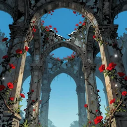 broken arches leading to the pillars of eternity draped with red flowers and vines, blue sky, lens flare, a sense of mystery, cinematic, ultra detailed, intricate, trending on artstation, 8K, comic book illustration by Cyril Rolando, David Wiesner