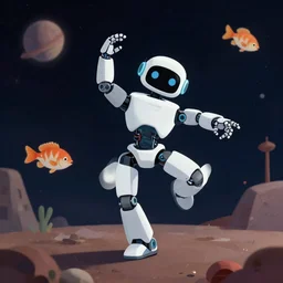 robot dancing with a fish in space