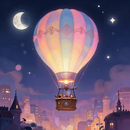 a beautiful stunning fantasy whimsical matte digital illustration of a scene of a hot - air balloon powered by magic! over a lit city at night by marc simonetti, pastel color palette, disney magic the gathering steampunk!!!, chiaroscuro magical! bokeh moon stars dramatic romantic! epic breathtaking, trending on artstation hq, masterpiece