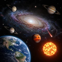 cosmic universe, milky way galaxy, earth and moon in foreground, mars, saturn, jupiter, sun, with fiery comet, high detail, realistic, unreal engine