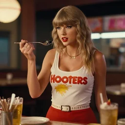 a candid, color cinema film still of a taylor swift as a waitress at hooters, cinematic lighting at night.
