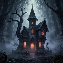 fun strange darkness house, inspired by Tim Burton, (by Tim Burton) dark forest background, dead tree, mist, fog, volumetric lighting