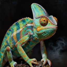 a close - up dark and colorful neoclassicist sci - fi portrait of a chameleon man. glowing fog in the background. highly detailed science fiction painting by norman rockwell, frank frazetta, and syd mead. rich colors, high contrast, gloomy atmosphere, dark background. trending on artstation